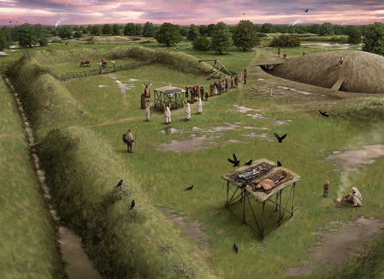 You are looking down towards one of Bedford’s most important Neolithic mortuary areas. Communities gathered here for important ceremonies over 4,500 years ago to lay out the recently deceased to the elements. Later generations built circular mounds beside the Neolithic mortuary grounds. Archaeologists still don’t know what the mounds were for but examples elsewhere suggest that many were used for the burial of high-status individuals in the Bronze Age.