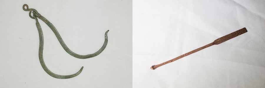 How do you clean your teeth? Residents of the farmstead used these hooks for their nails or teeth, and the copper spatula to put on their make up. Images Bill Bevan